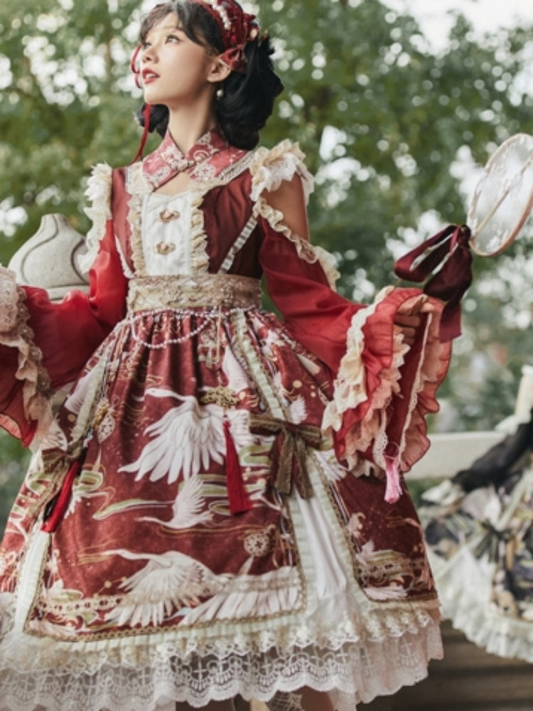 Chinese-Style Printed Lace Frill Lolita Dress CAT0029