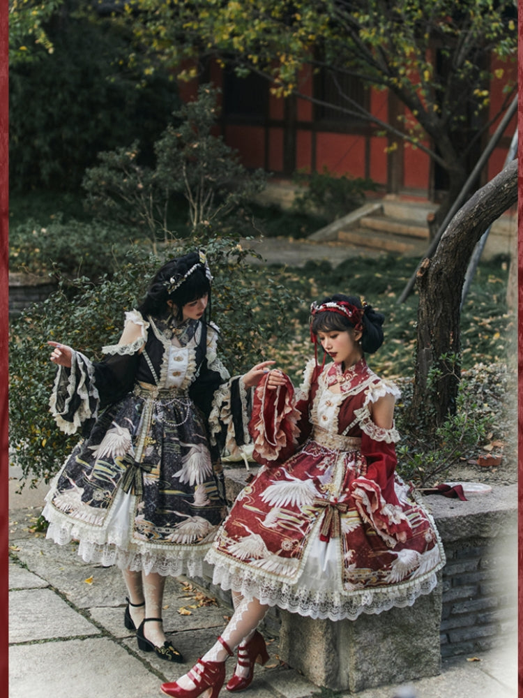Chinese-Style Printed Lace Frill Lolita Dress CAT0029