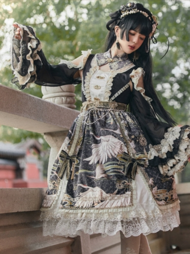 Chinese-Style Printed Lace Frill Lolita Dress CAT0029