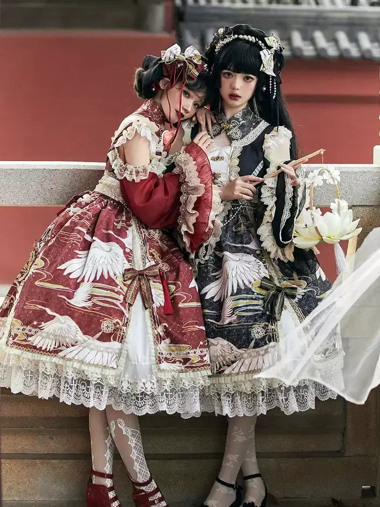 Chinese-Style Printed Lace Frill Lolita Dress CAT0029