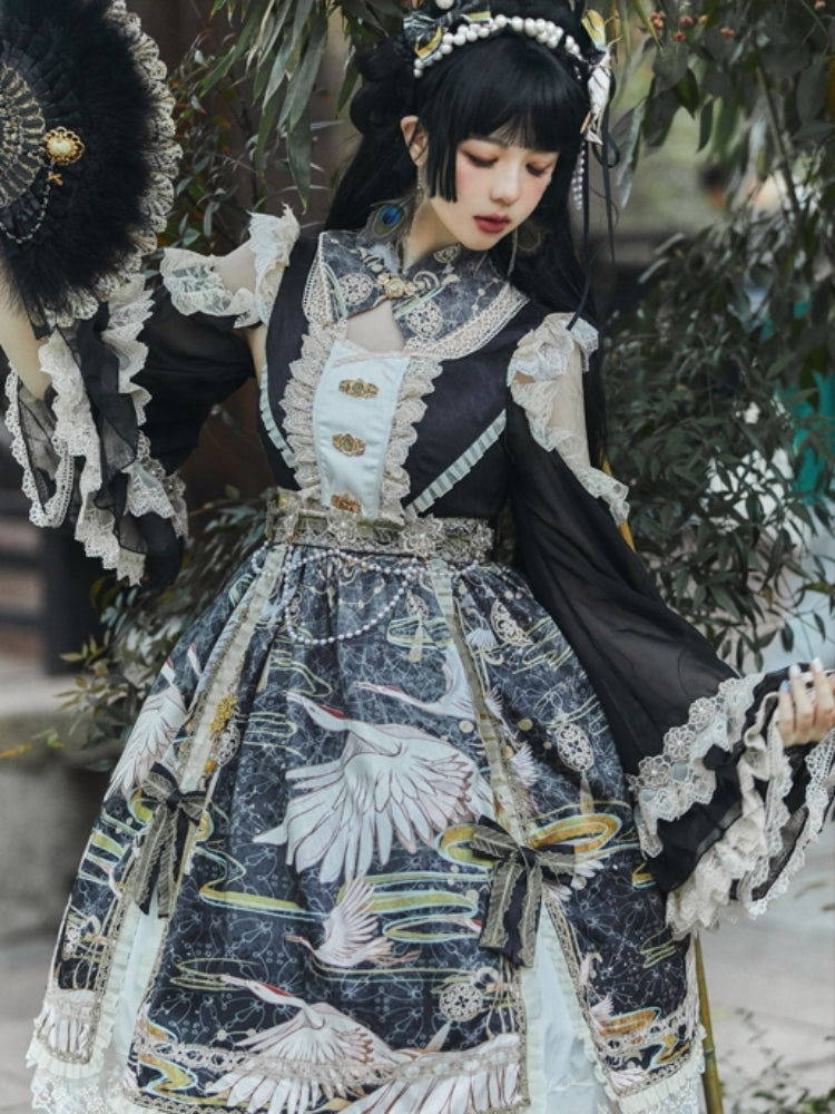 Chinese-Style Printed Lace Frill Lolita Dress CAT0029