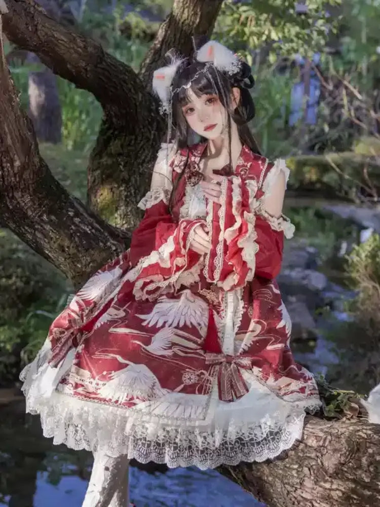 Chinese-Style Printed Lace Frill Lolita Dress CAT0029