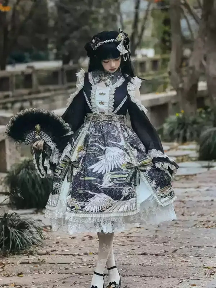 Chinese-Style Printed Lace Frill Lolita Dress CAT0029