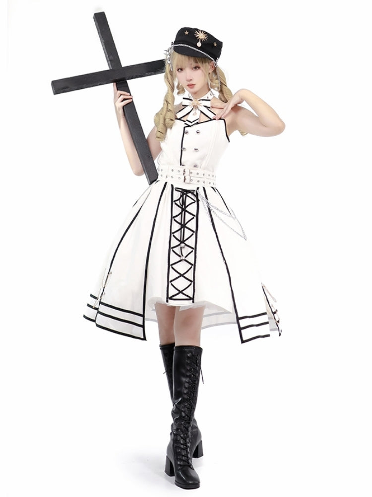 Army Romance Style Black and White Dress CAT0038