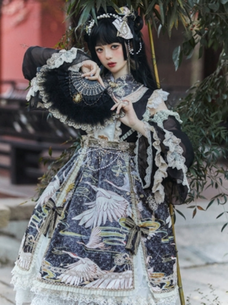 Chinese-Style Printed Lace Frill Lolita Dress CAT0029
