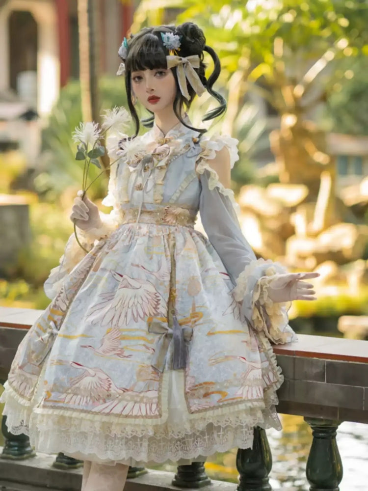 Chinese-Style Printed Lace Frill Lolita Dress CAT0029