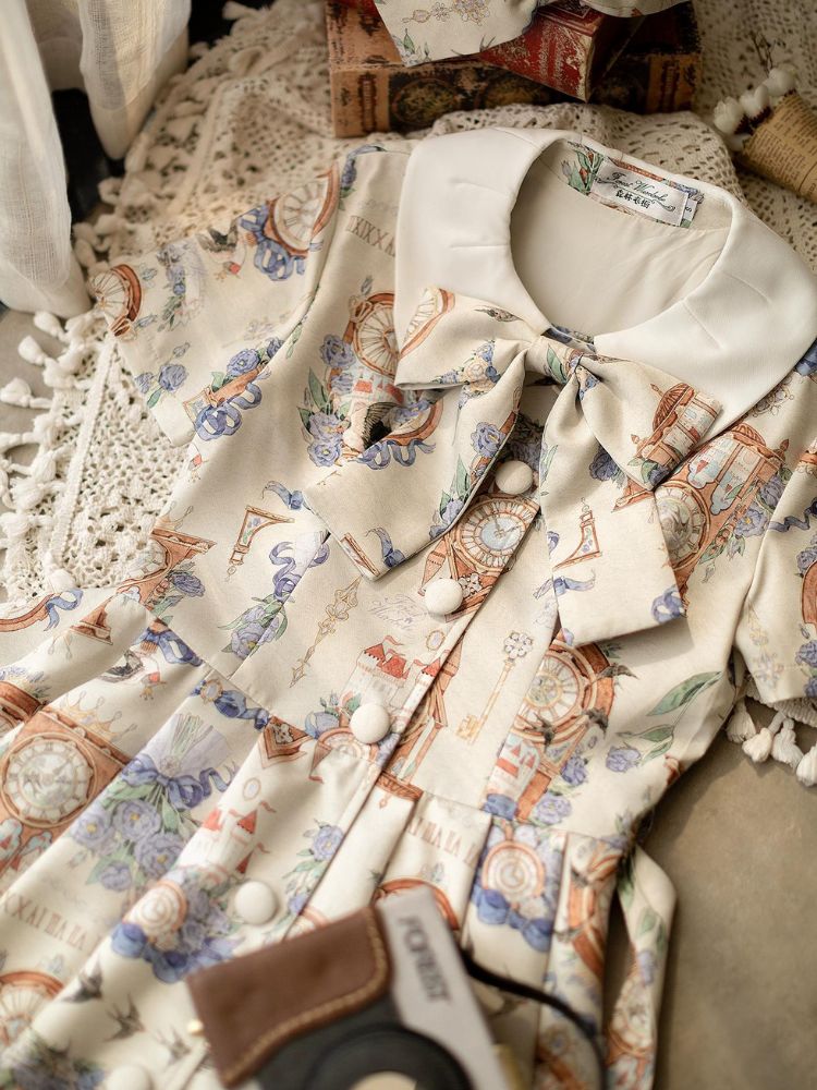 Clock Print Elegant Girly Dress Two-Piece Set FOR0027