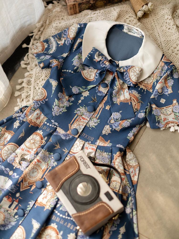 Clock Print Elegant Girly Dress Two-Piece Set FOR0027
