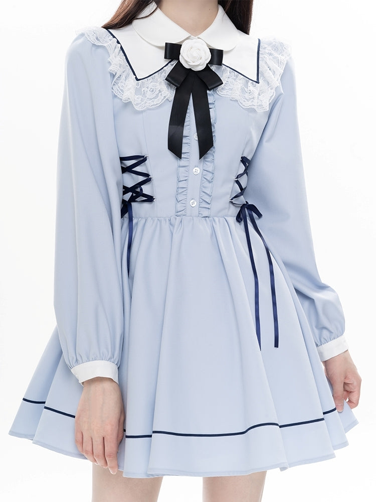 Long Sleeve Lace Collar Lace-Up Mini Dress LAL0015