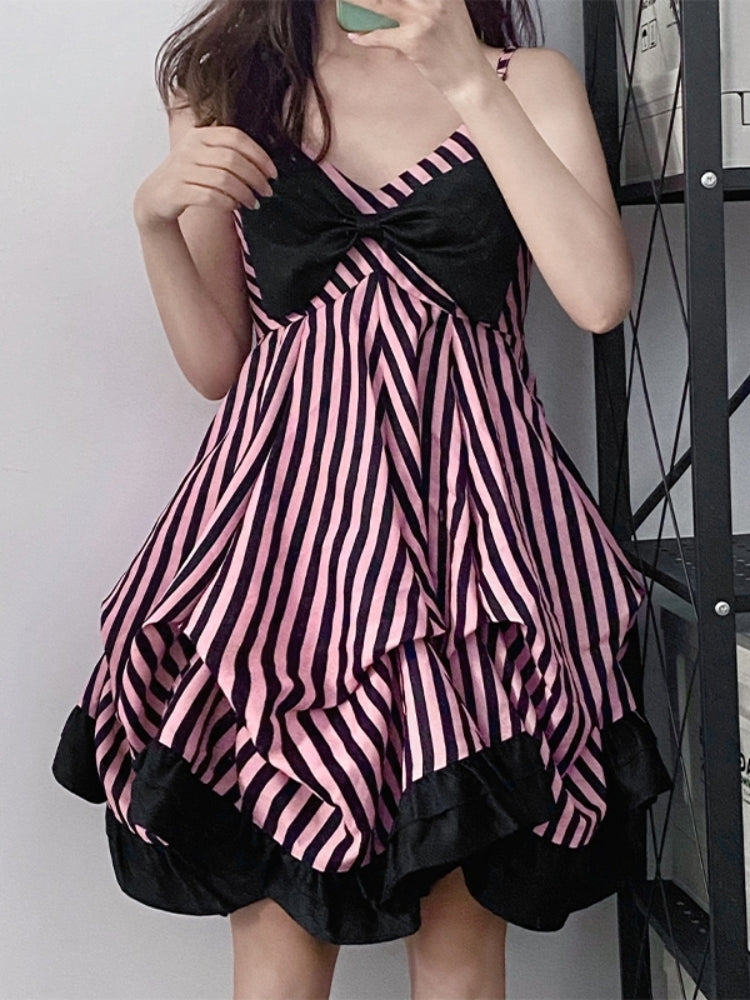 Pink and Black Striped Asymmetrical Dress LAL0047