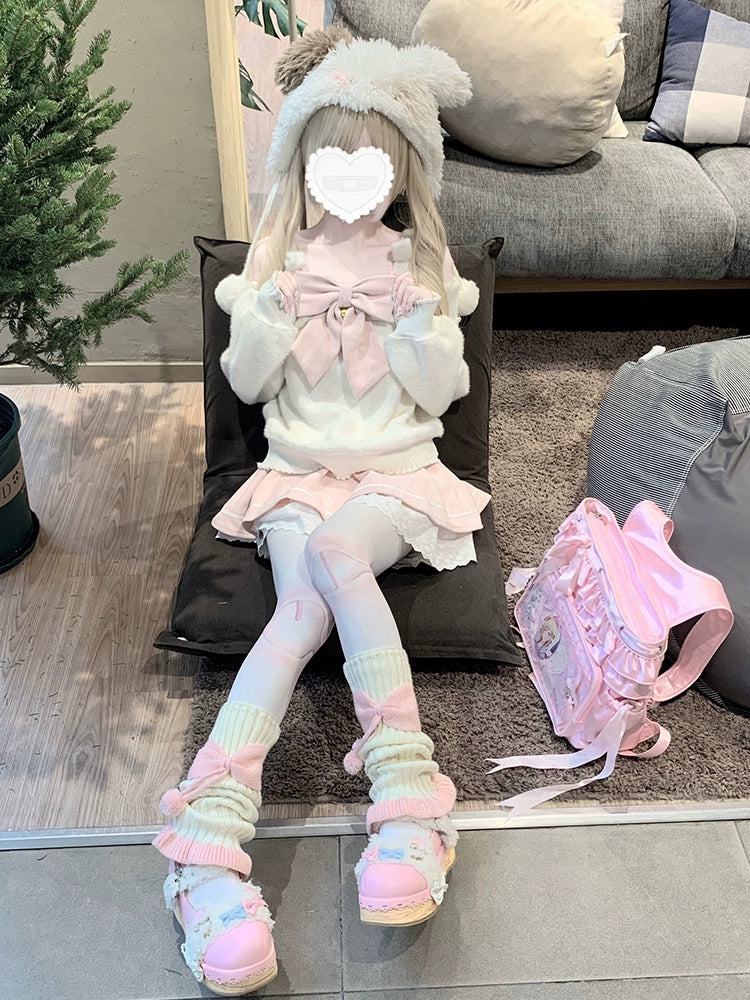 Mochi Soft One-Shoulder Big Ribbon Knit and Skirt Two-Piece LAL0105