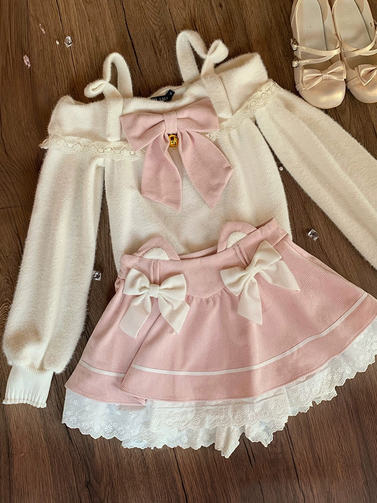 Mochi Soft One-Shoulder Big Ribbon Knit and Skirt Two-Piece LAL0105