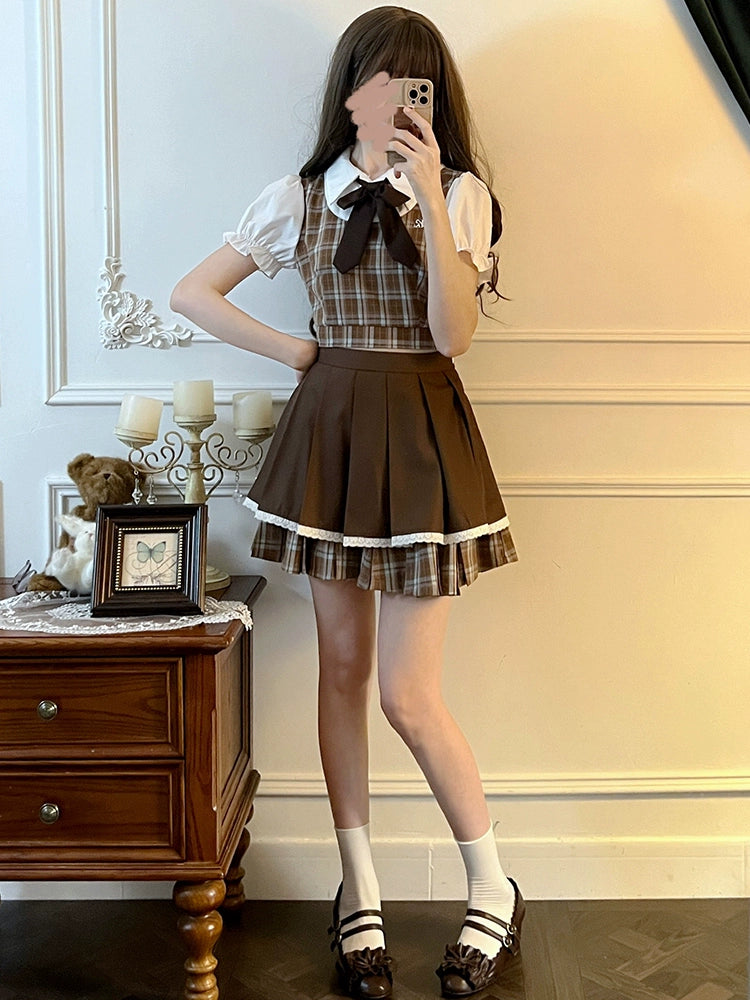 Brown Checkered Top and Skirt Two-Piece LAL0088