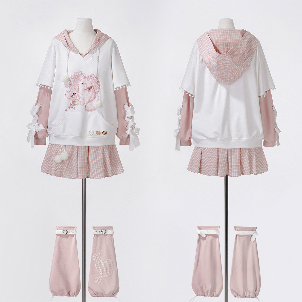 Heart Bow Cat Print Hoodie With Pleated Skirt YOU0315