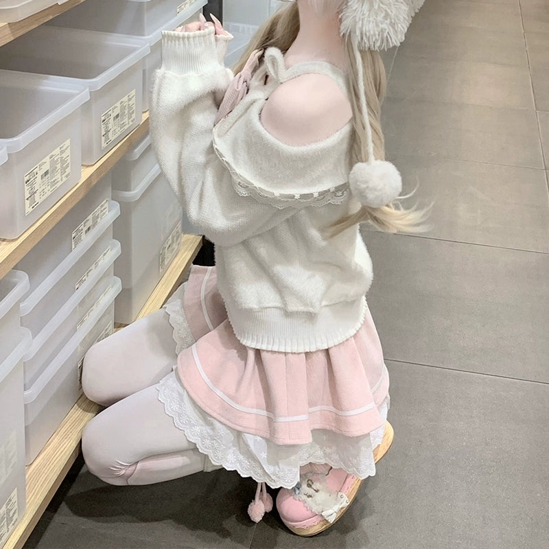 Mochi Soft One-Shoulder Big Ribbon Knit and Skirt Two-Piece LAL0105