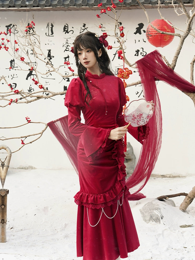 Chinese-Style Embroidered Velvet Fishtail Dress WIT0272