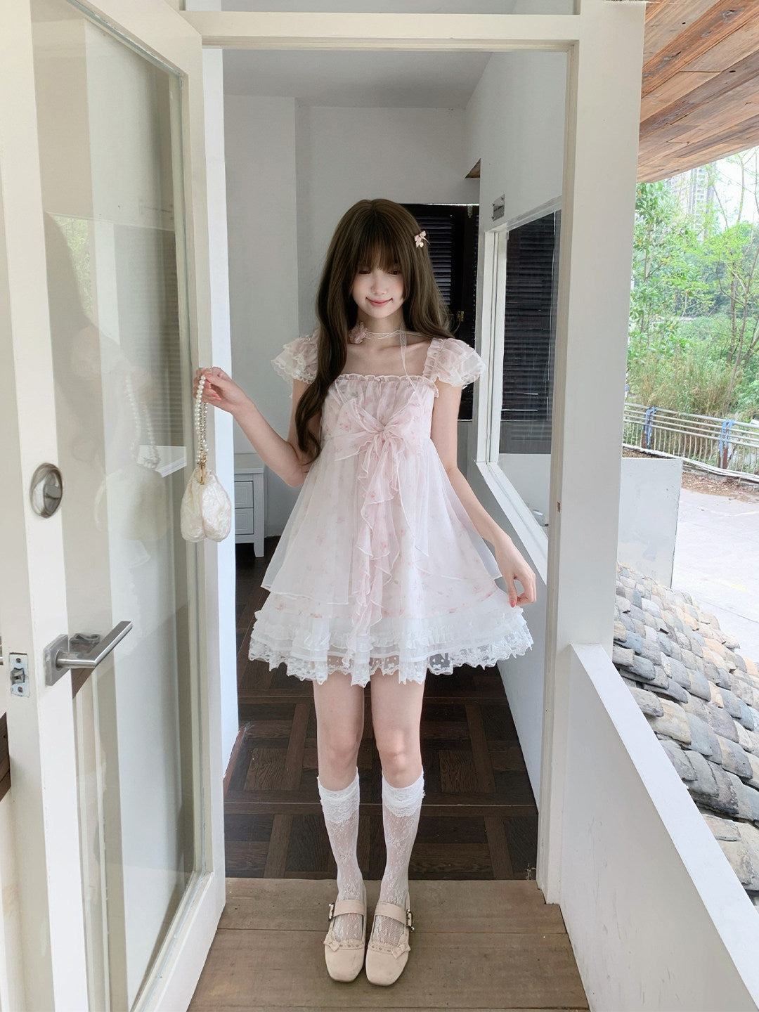 Square Neck Puff Sleeve Lace Tulle Dress LAL0191