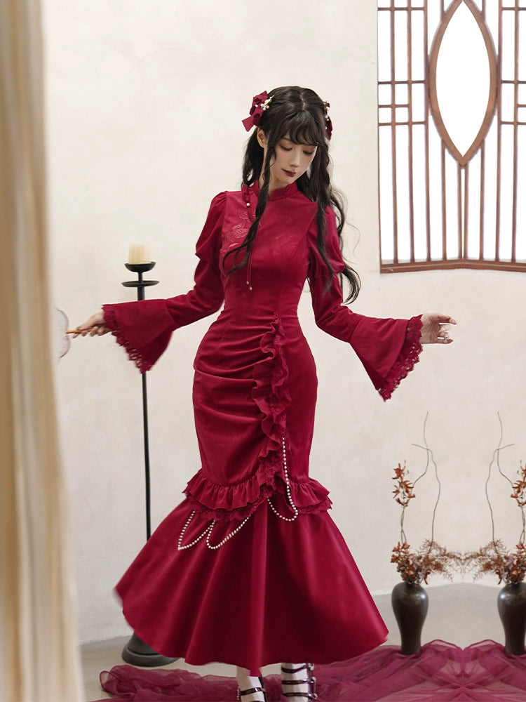 Chinese-Style Embroidered Velvet Fishtail Dress WIT0272