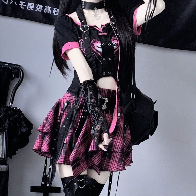 Pink and Black Check Top and Skirt LAL0096