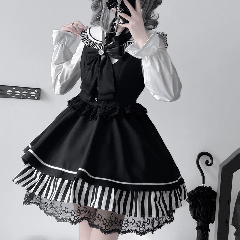 Black Stripe Frill Lace Dress LAL0109