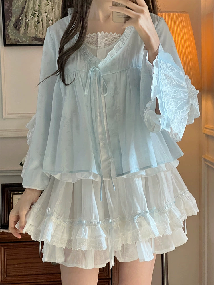 Faux Two-Piece Top Layered Shirt & White Cake Skirt LAL0092