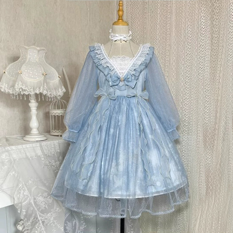 Light Blue or Black High Waist Lace Lolita Dress YOU0040