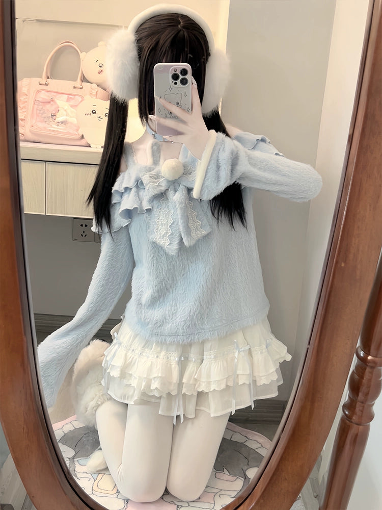 Blue One-Shoulder Sweater and Skirt Two-Piece LAL0111