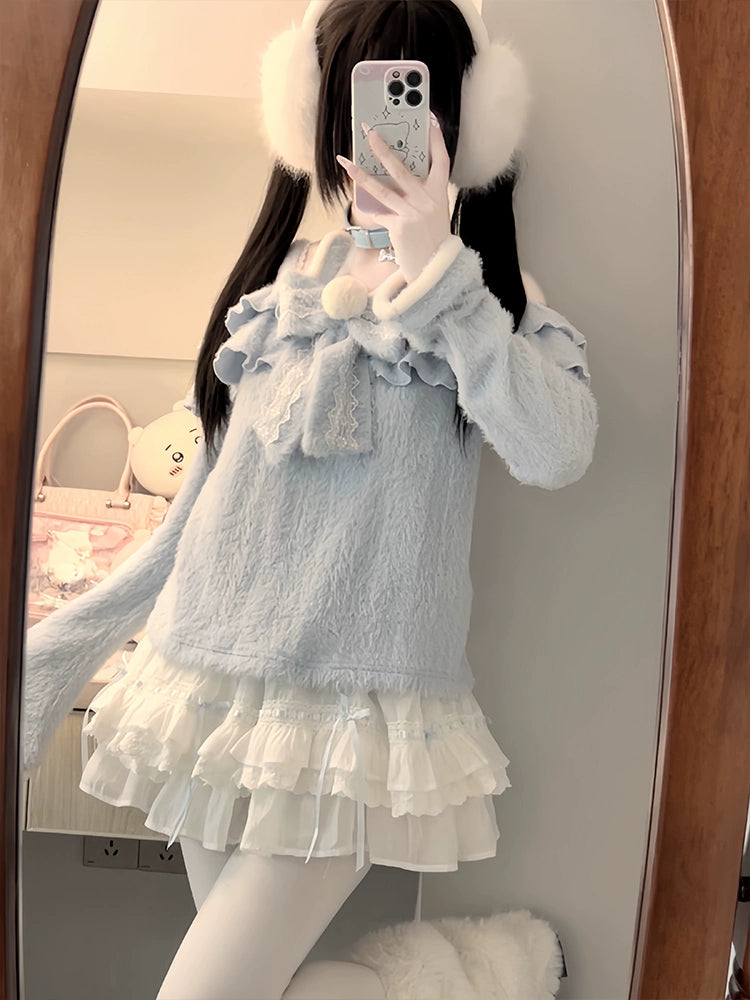 Blue One-Shoulder Sweater and Skirt Two-Piece LAL0111