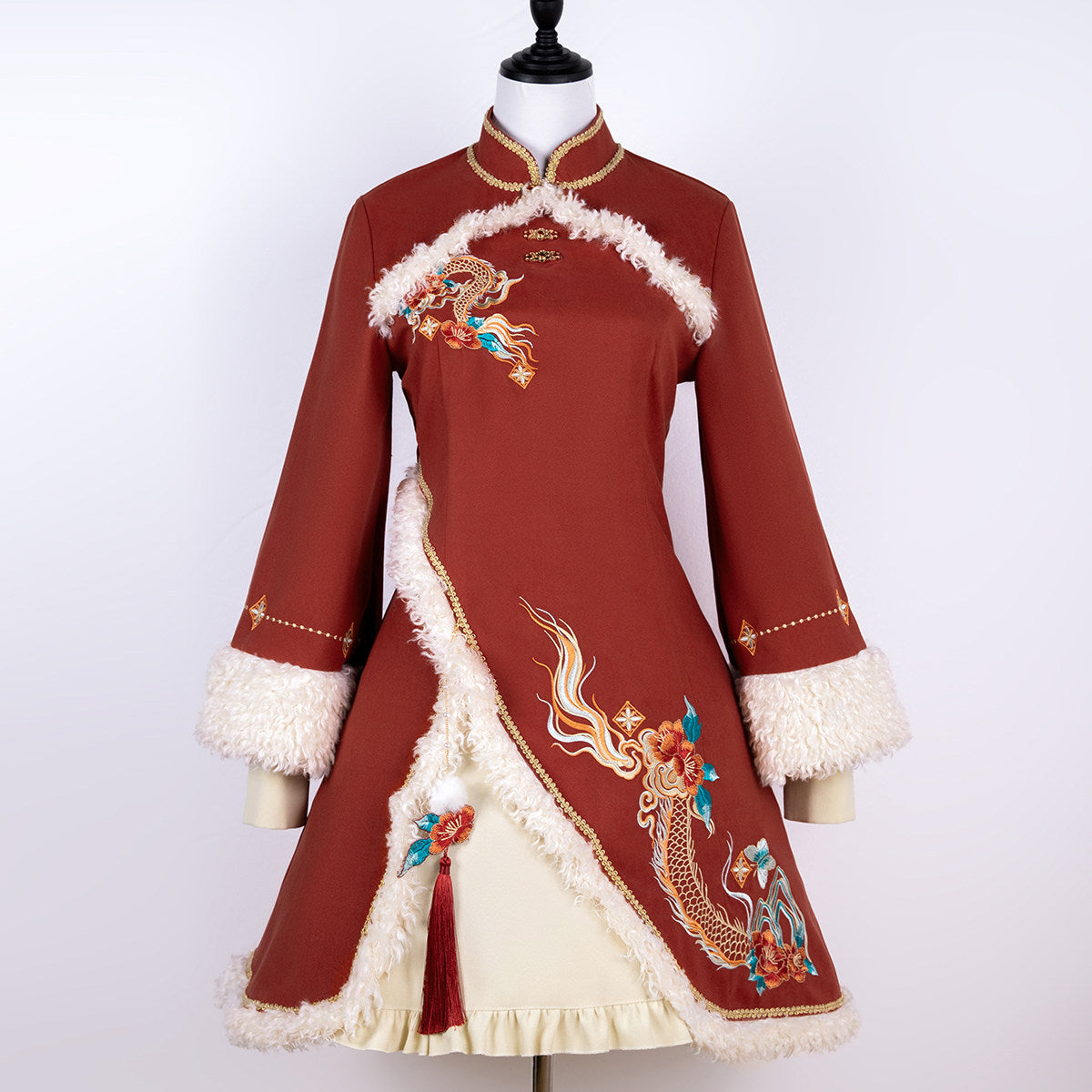 Chinese Style Embroidered Fur Trim Cape Dress Set YOU0238