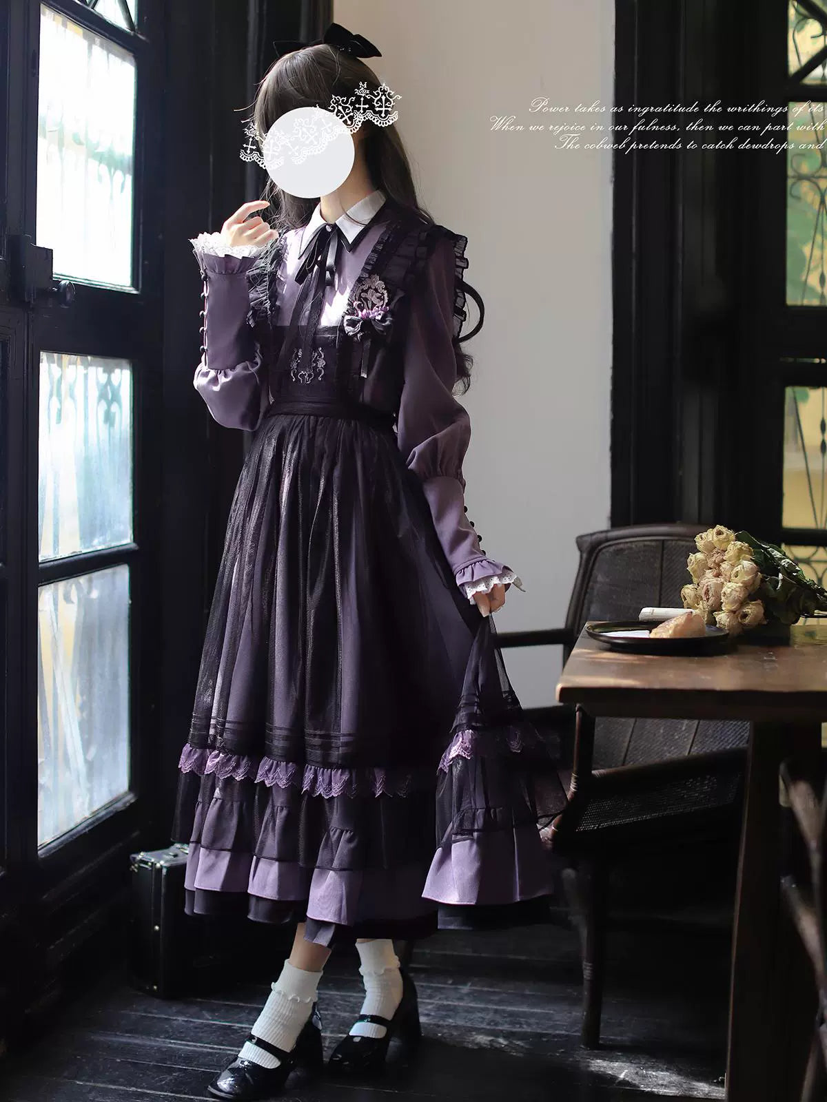 Gray, Purple, and Black Dress with Embroidered Mesh Overskirt Dress HUT0131