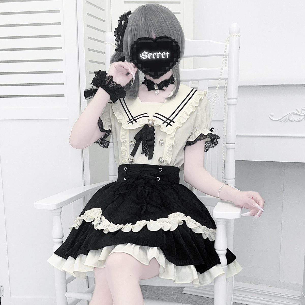 Sailor Collar Ruffle Blouse Skirt Set LAL0250