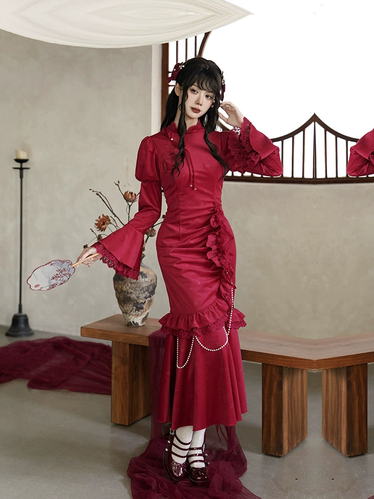 Chinese-Style Embroidered Velvet Fishtail Dress WIT0272