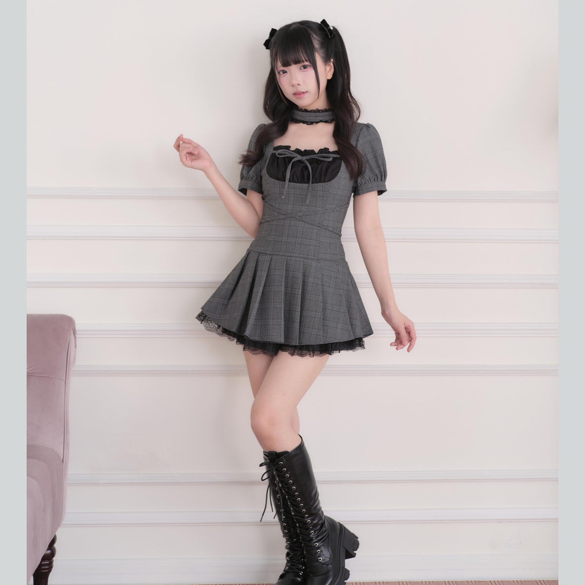 Checkered Choker Neck Pleated Dress Set NOG0033