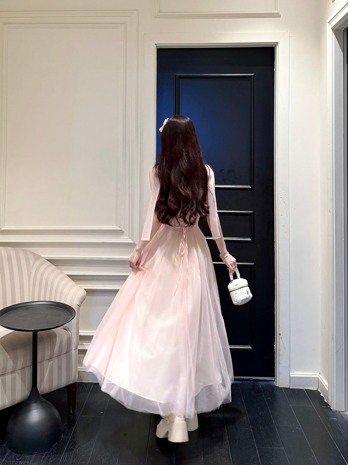 Pink Tulle Ruffle Waist Maxi Dress BEL0029