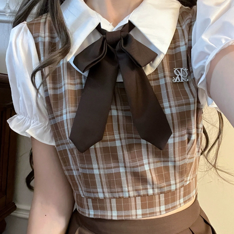 Brown Checkered Top and Skirt Two-Piece LAL0088
