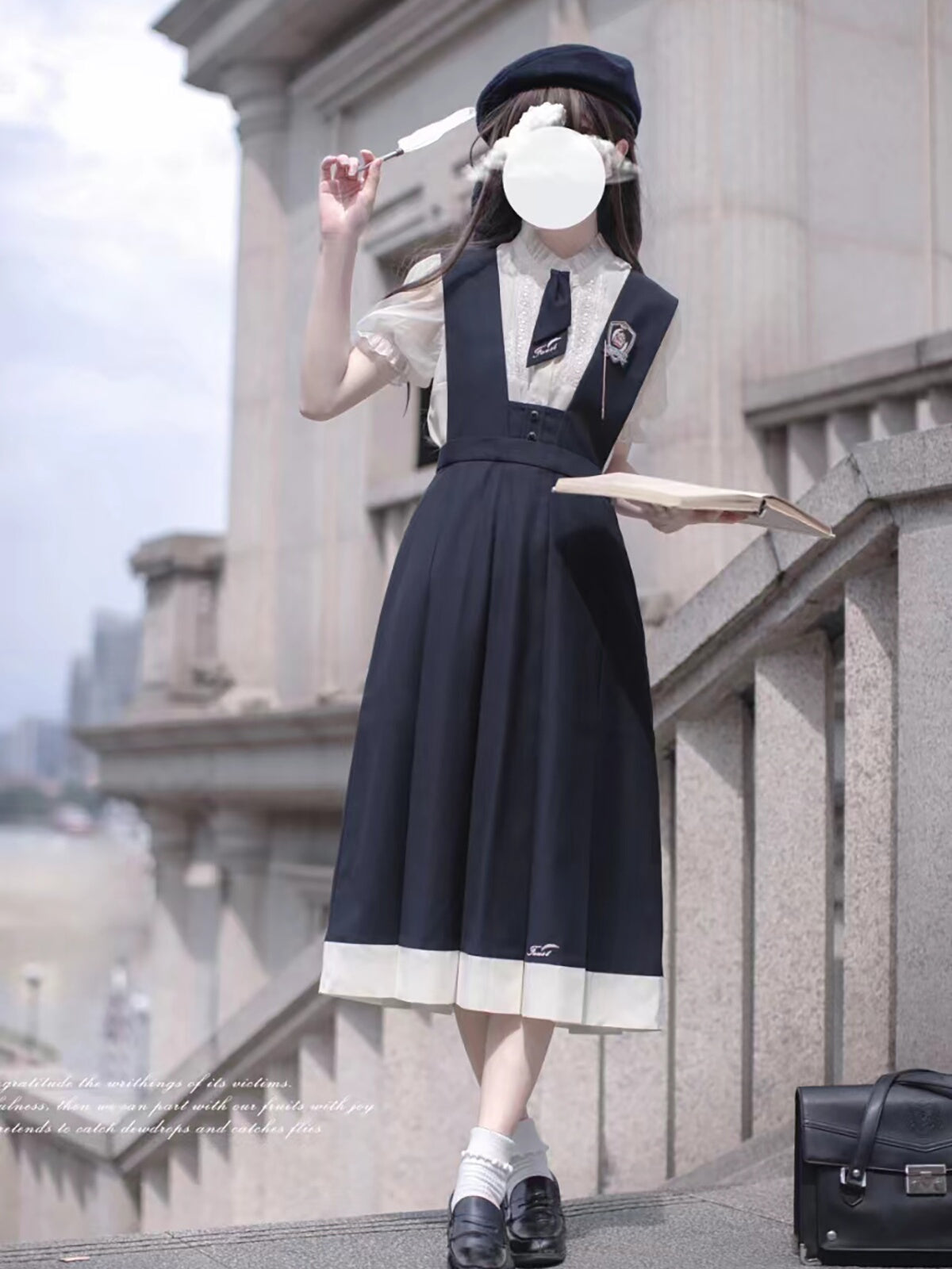 Elegant Puff Sleeve Inner Shirt & Navy Skirt HUT0094