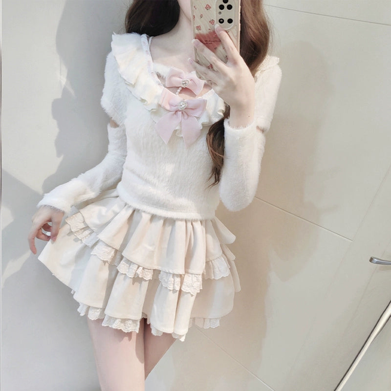 Sweet Soft Fluffy Top and Skirt Two-Piece LAL0113