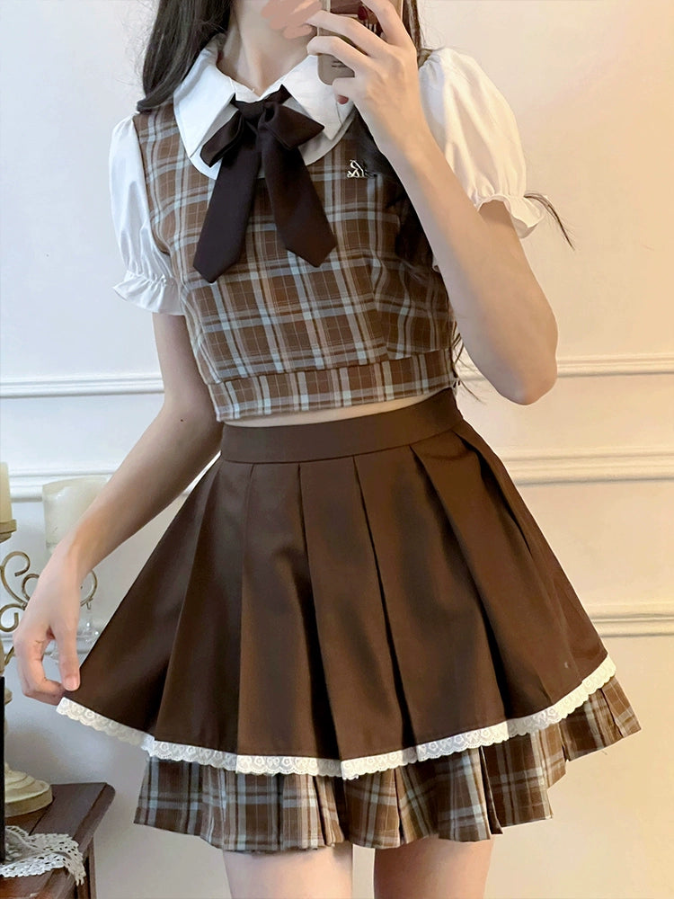 Brown Checkered Top and Skirt Two-Piece LAL0088