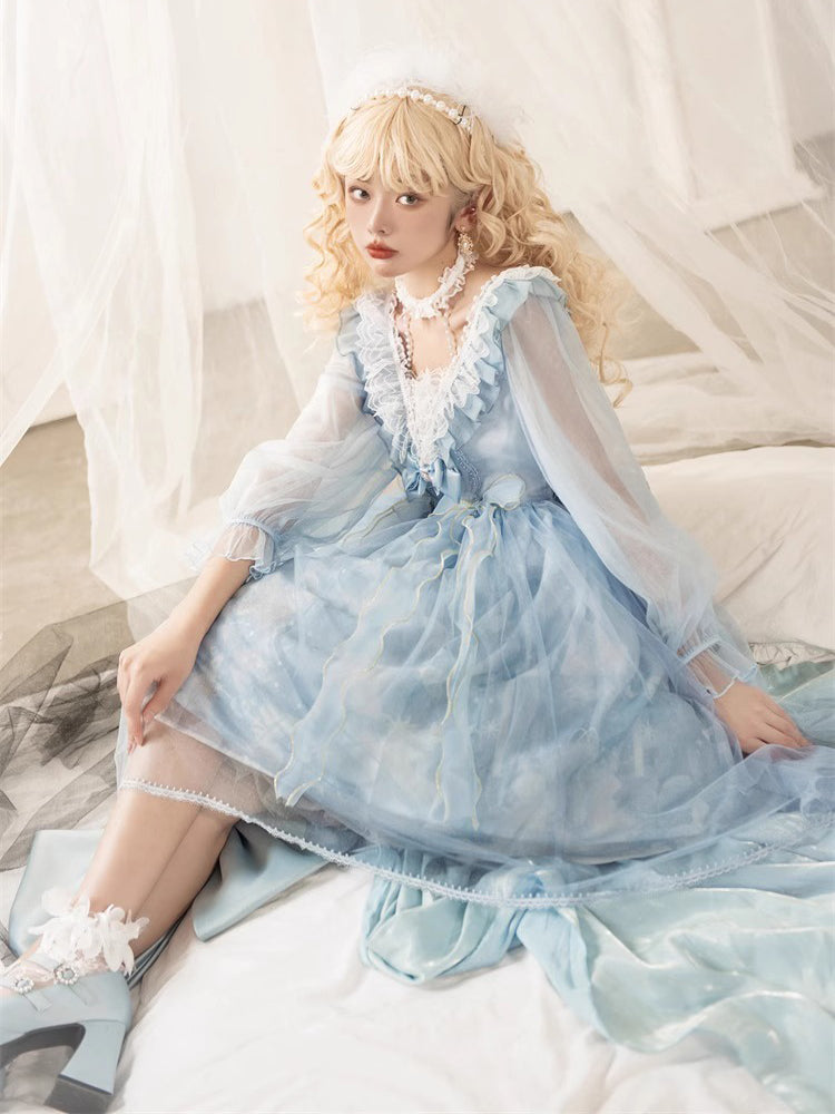 Light Blue or Black High Waist Lace Lolita Dress YOU0040