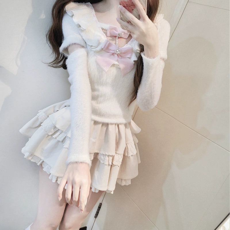 Sweet Soft Fluffy Top and Skirt Two-Piece LAL0113