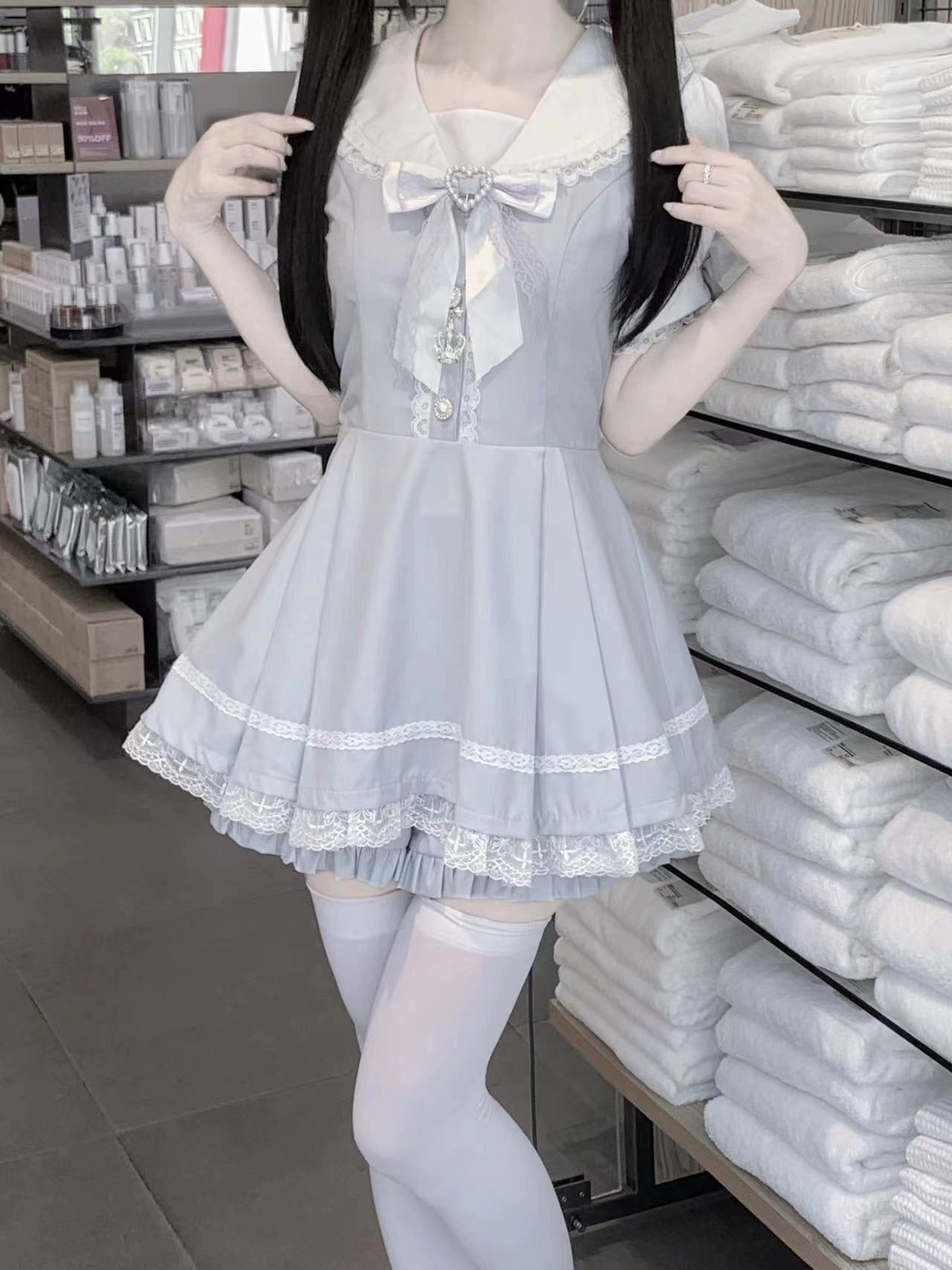 Sailor Collar Ribbon Mini Short Sleeve Dress KAN0005