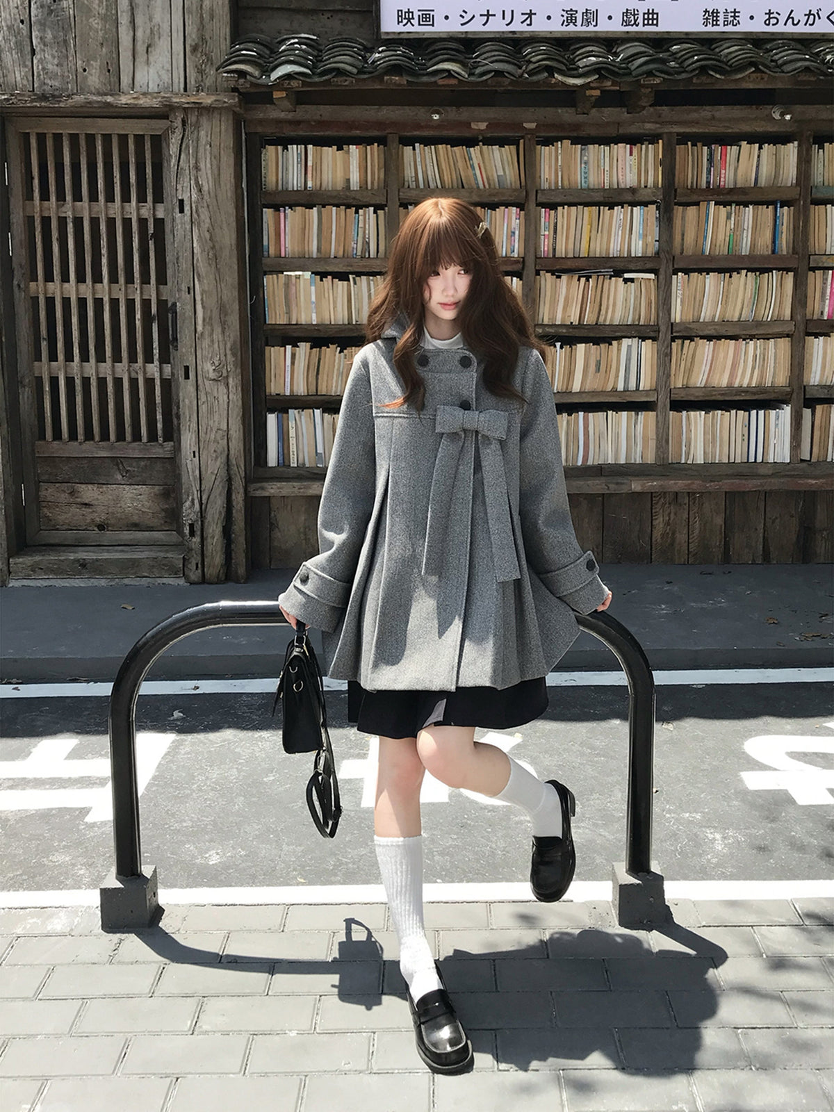 Hooded Gray Wool Coat With Pleated Skirt LAL0152