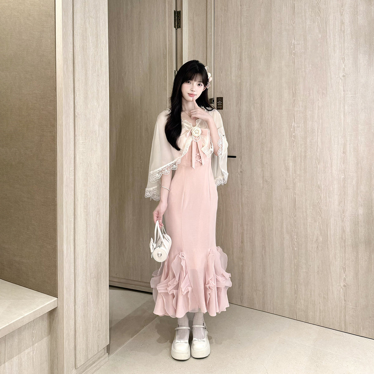 Lace Shawl Ruffle Mermaid Strap Dress Set BEL0038
