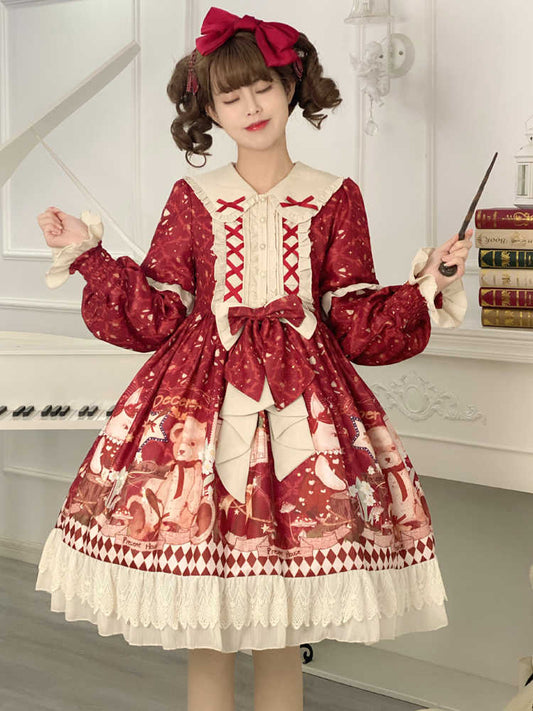 Red Ribbon Frill Bear Print Lolita Dress YOU0145