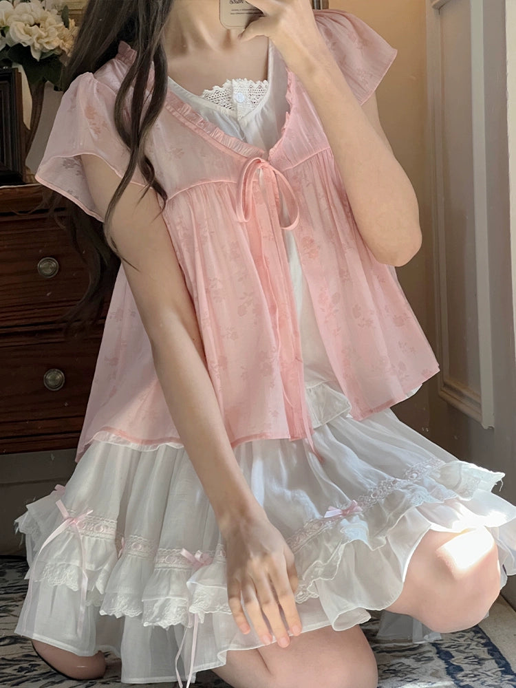 Faux Two-Piece Top Layered Shirt & White Cake Skirt LAL0092