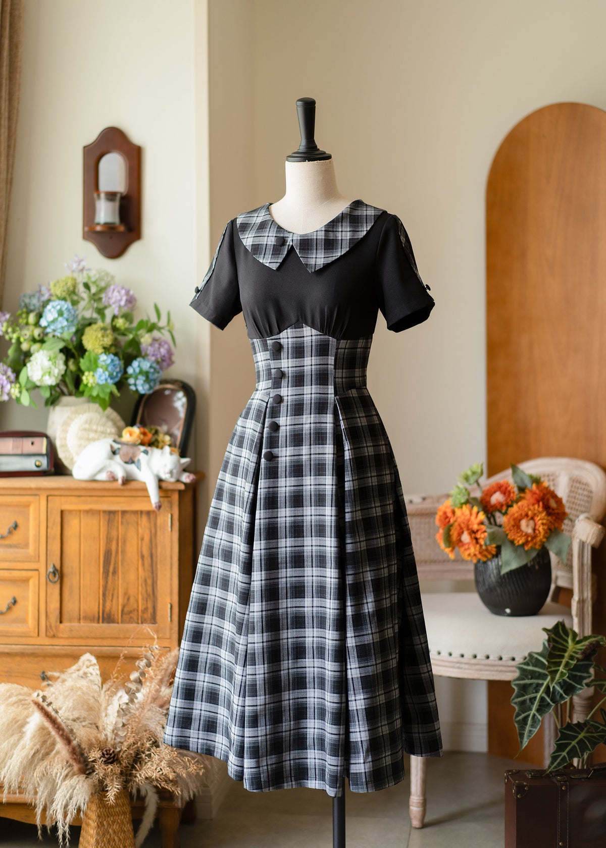 Vintage Plaid Contrast Collar A-Line Dress FOR0074