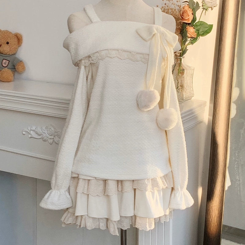 Off-Shoulder Fluffy Sweater and Skirt LAL0097