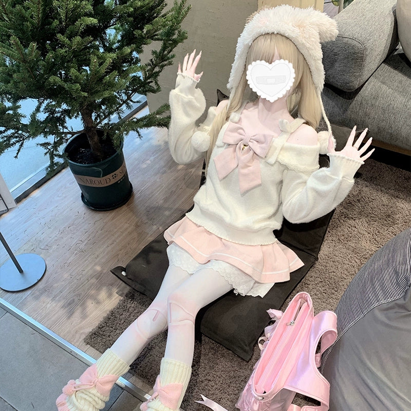 Mochi Soft One-Shoulder Big Ribbon Knit and Skirt Two-Piece LAL0105