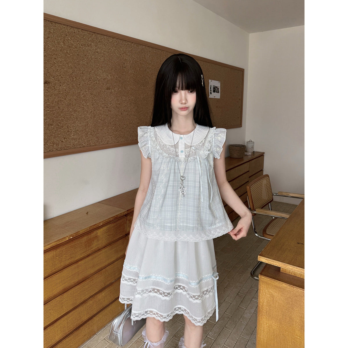 Doll Collar Flutter Sleeve Gingham Check Blouse LAL0224
