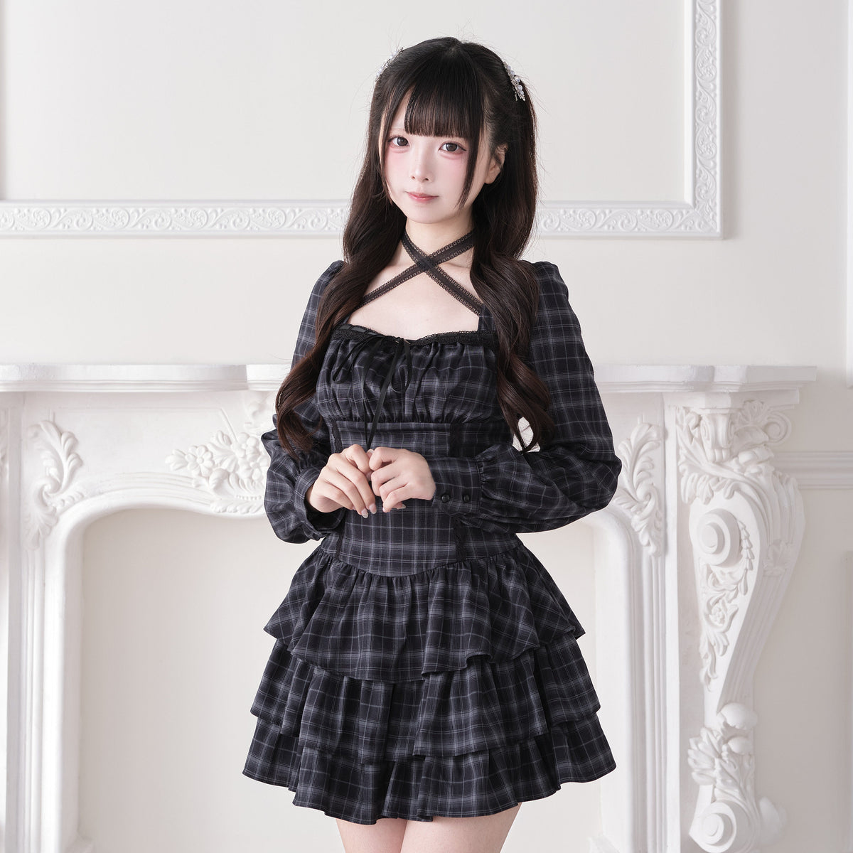 Crisscross Strap Plaid Tiered Dress NOG0028